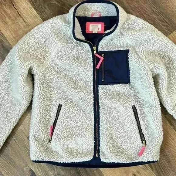 jcrew crewcuts kids sherpa jacket zip front girls 14 cream, navy, & neon pink - Picture 2 of 15